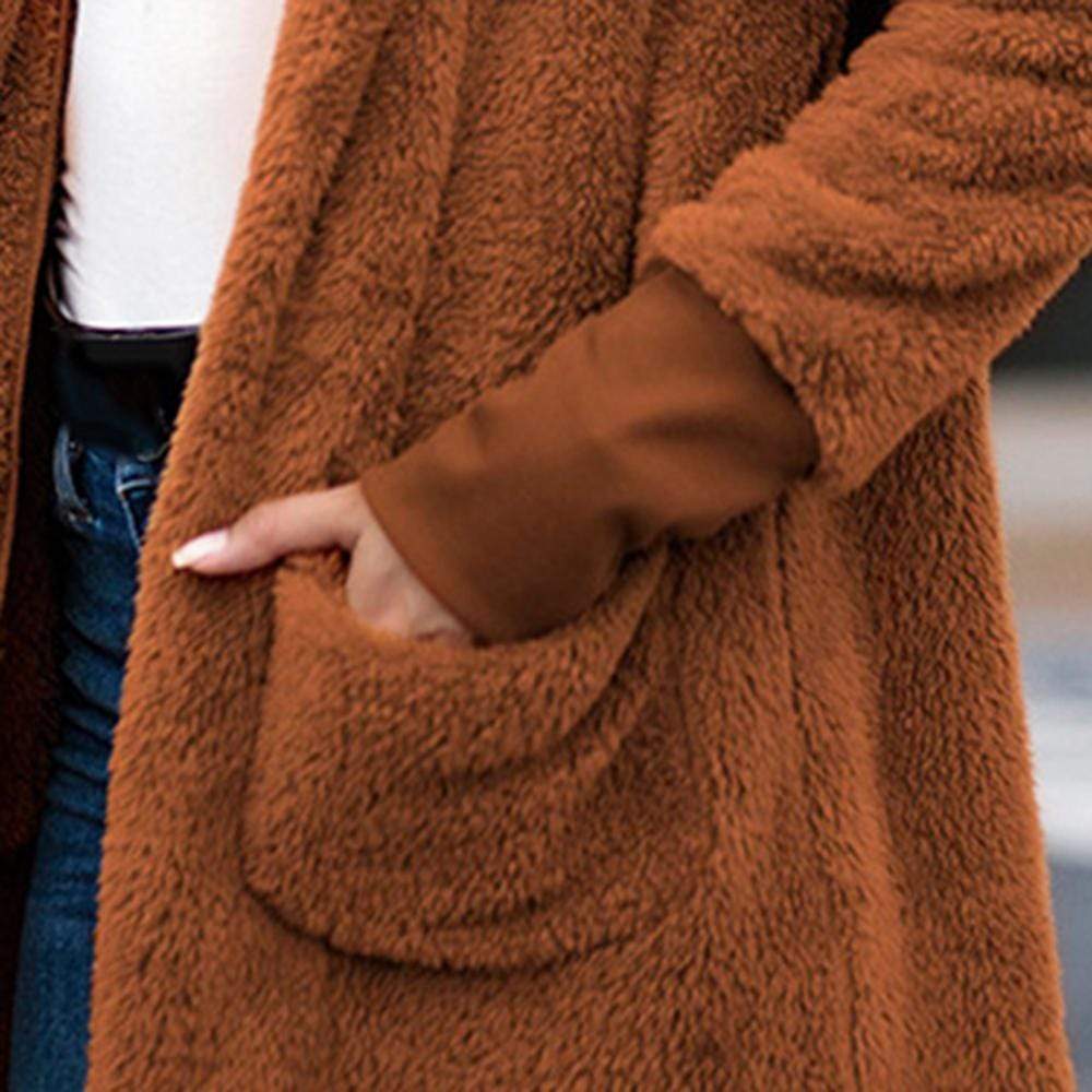 Women Coat Pocket With Hat Solid Color Long Sleeve