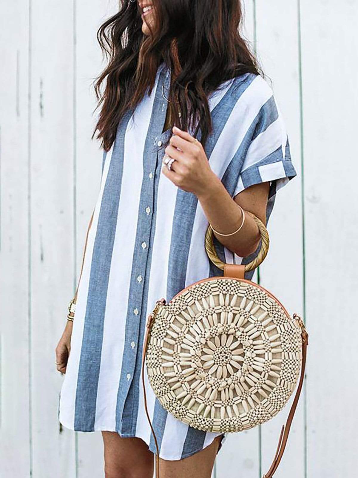 V neck  Shift Women Daily Cotton-blend Casual Short Sleeve  Striped Summer Dress