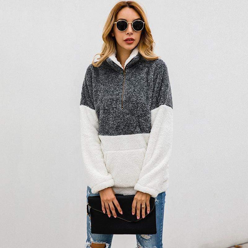 Women Casual Warm Hoodie Pocket Coat Zipper Turn-over Collar Long Sleeve Pullover