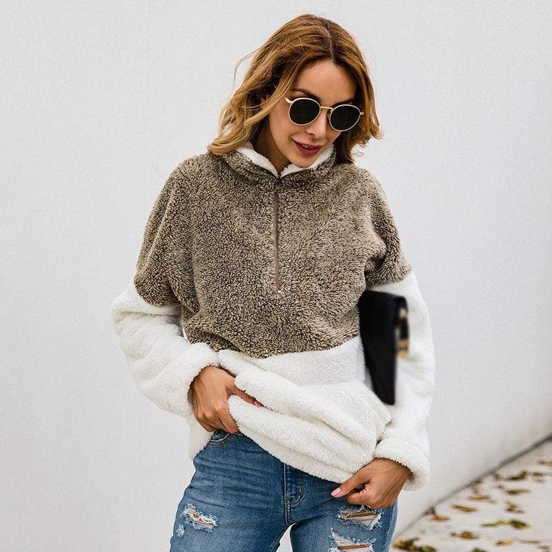 Women Casual Warm Hoodie Pocket Coat Zipper Turn-over Collar Long Sleeve Pullover