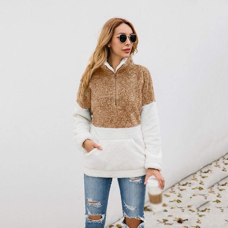 Women Casual Warm Hoodie Pocket Coat Zipper Turn-over Collar Long Sleeve Pullover