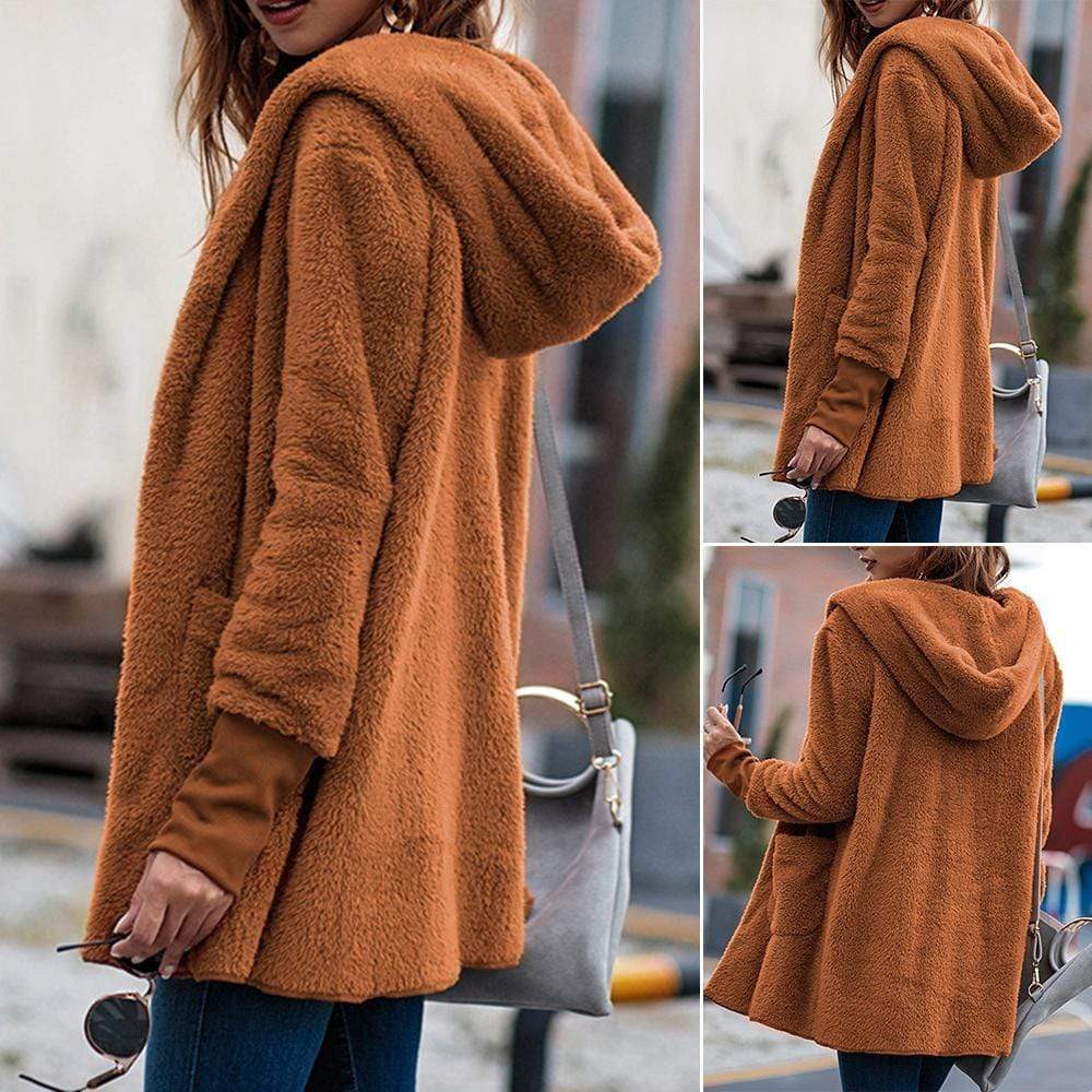 Women Coat Pocket With Hat Solid Color Long Sleeve